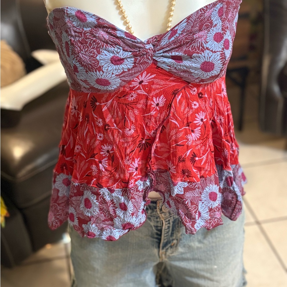 Free People Red and Blue Floral Tank Top
